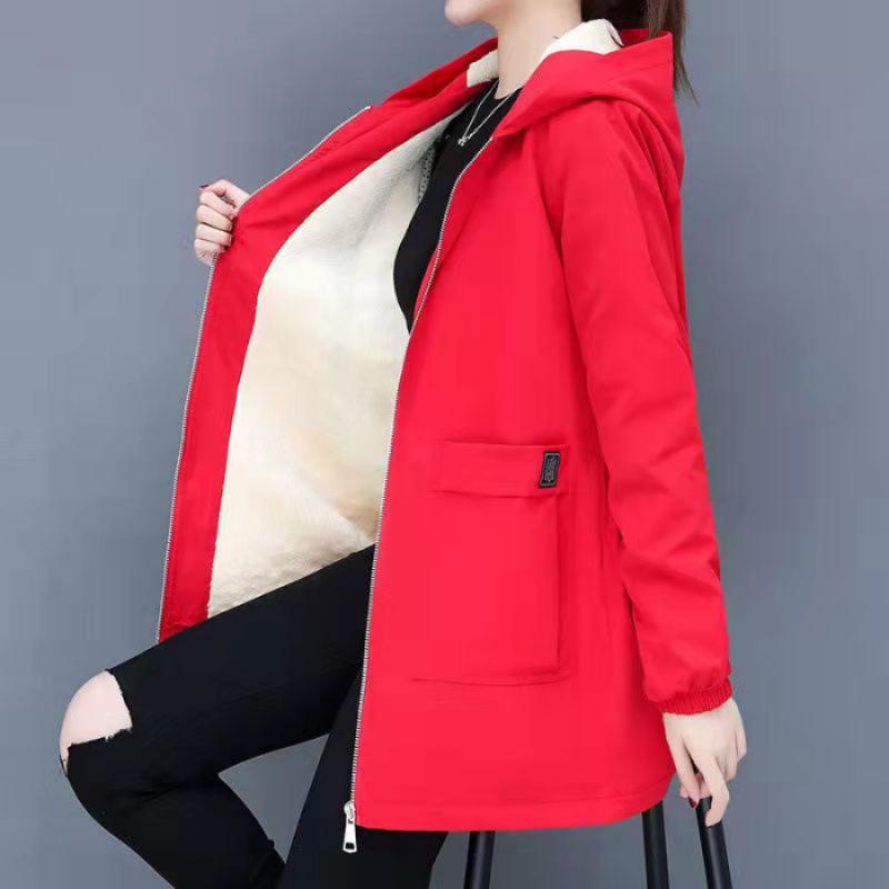 Damen-Windjacke aus Baumwolle in Übergröße, mittellang, mit Samtfutter – modischer dicker Mantel für Herbst/Winter (300 Jin) 8XL rot von Joom DACH