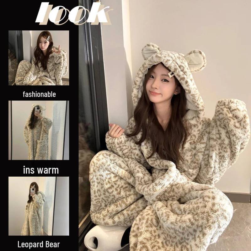 Damen Winter Cartoon Leopardenmuster Kapuzen Onesie Pyjama - Fleecegefüttert, Dick & Niedliche Homewear. Extra Large leopard print von Joom DACH