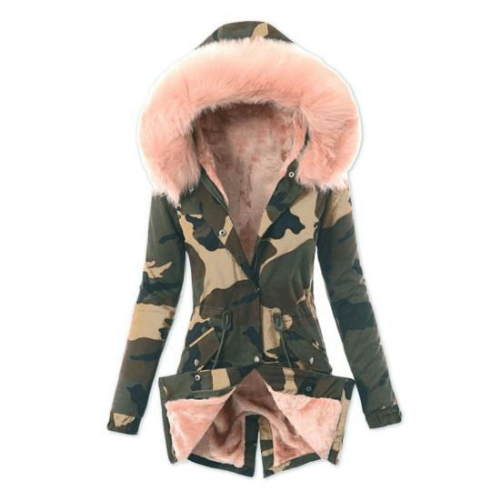 Damen Winter Daunenmantel Kunstpelz Fleece-gefüttert Reißverschluss Druckknopfverschluss Winddichte mittellange Jacke Camouflage Print Slim Fit Oberbekleidung S rosa von Joom DACH