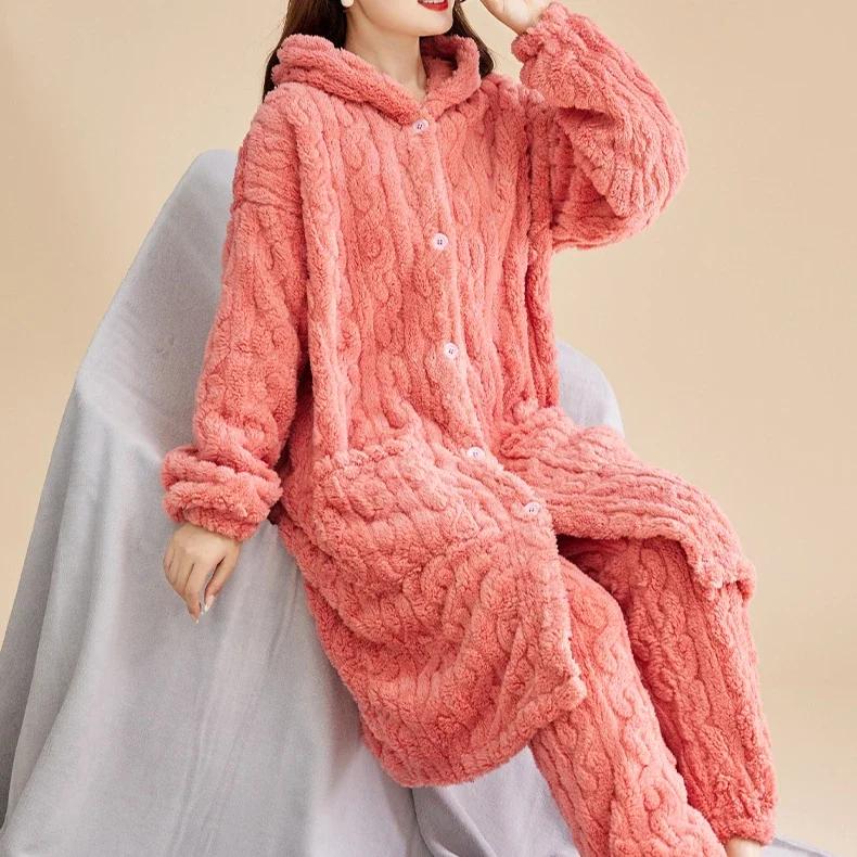 Damen Winter Dickes Pyjama-Set Einfarbig Kapuzenpullover Langes Oberteil und Hose Nachtwäsche 2-teiliges Set für Damen Zuhause Korallenfleece-Pyjama 3XL von Joom DACH
