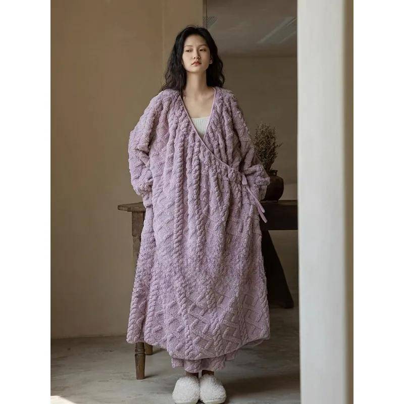 Damen Winter-Fleece-Bademantel, einfarbig, warm, langärmelig, Morgenmantel, Kimono mit Schnürung, Flanell-Bademantel für Damen XXL beige von Joom DACH