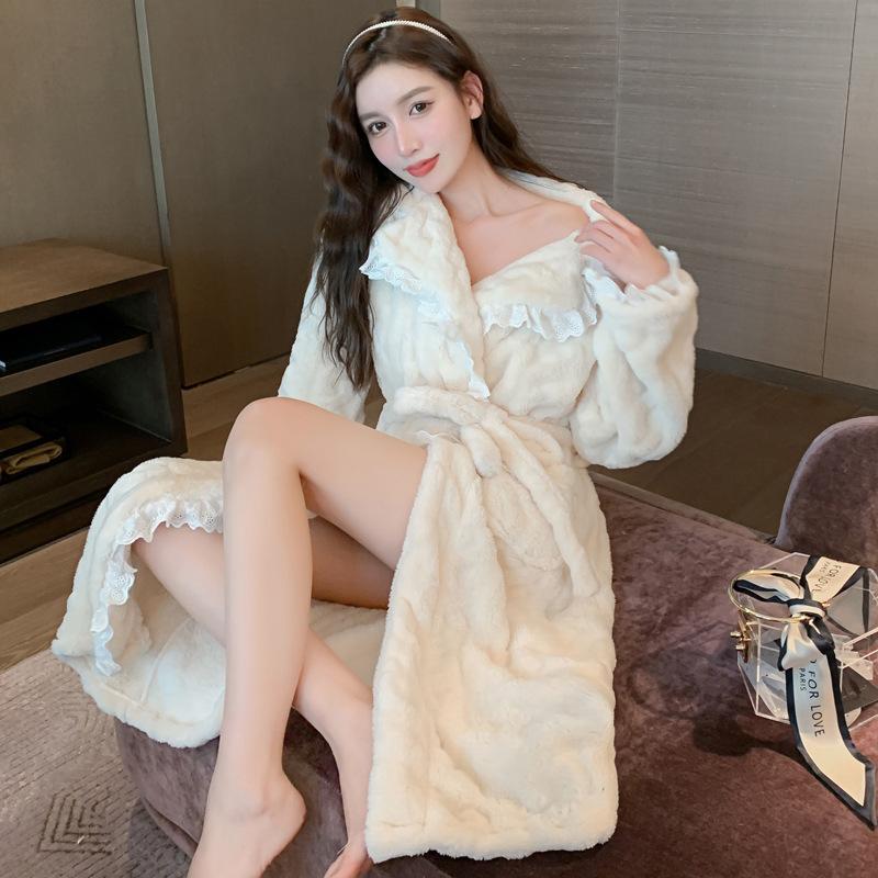 Damen Winter Fleece Bademantel Koreanischer Damen Morgenmantel Flanell Langarm Spitzen Bademantel für Damen XL von Joom DACH