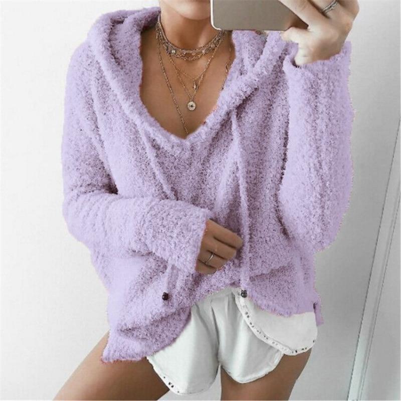 Damen Winter Freizeit Mohair Warmes und Bequemes Oberteil Modischer Lockerer Pullover Mit Kapuze Kordelzug Fleece Sweatshirt Übergröße S violett von Joom DACH