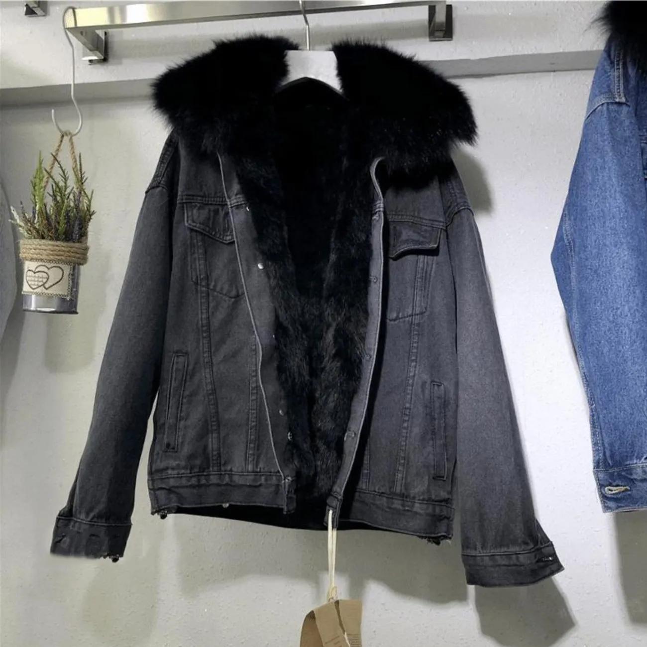 Damen Winter Großer Zottelkragen Kurze Jeansjacke Locker Gepolstert und Verdickt Warme Jacke L schwarz von Joom DACH