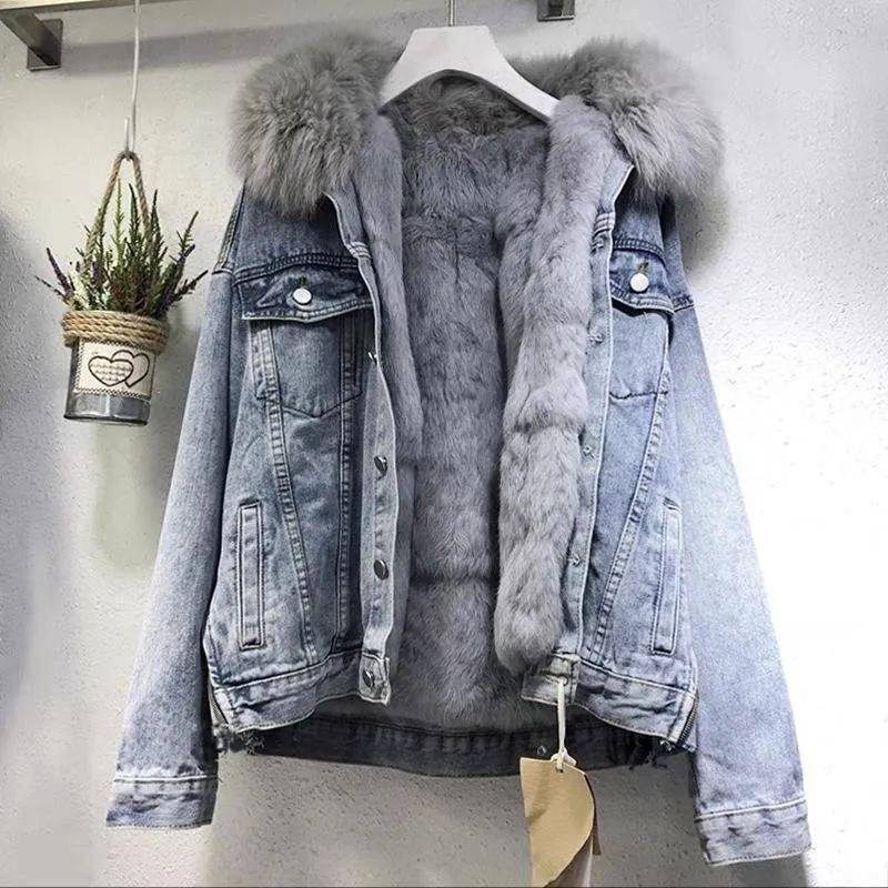 Damen Winter Großer Zottelkragen Kurze Jeansjacke Locker Gepolstert und Verdickt Warme Jacke L hellblaue von Joom DACH