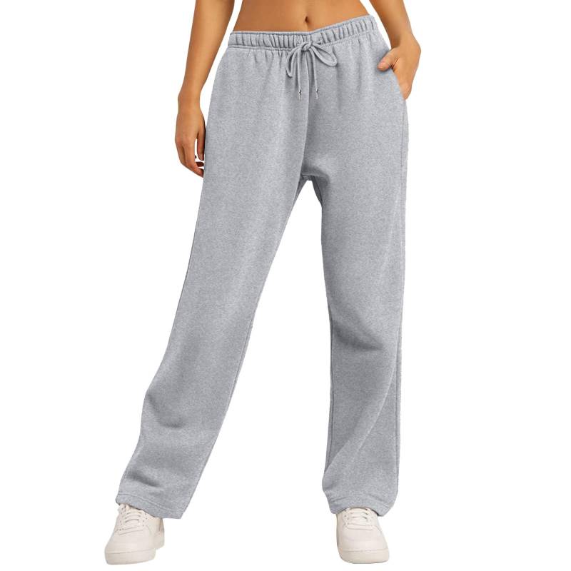 Damen Winter Jogginghose Einfarbig Freizeithose Fleece Weites Bein Gerade Lockere Hose XXL grau von Joom DACH