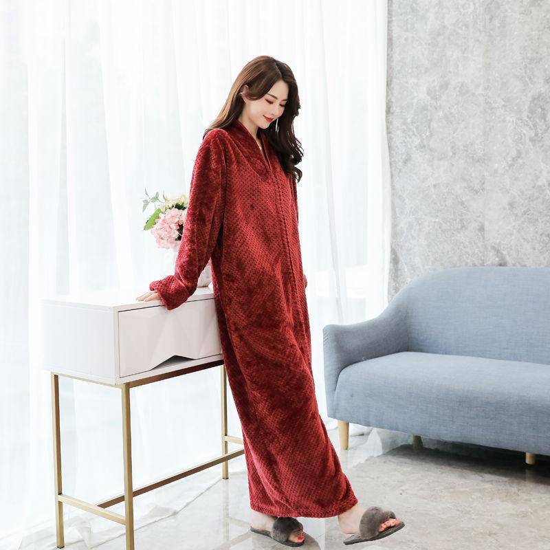 Damen Winter Lange Warme Heimkleidung Korallen Samt Bademantel Einfarbig Pyjamas Flanell Pyjamas Bademantel Morgenmantel XL von Joom DACH
