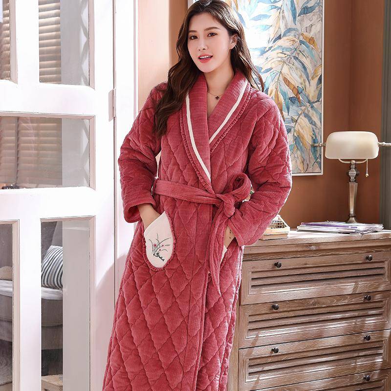 Damen Winter Langer, verdickter, warmer, gesteppter Bademantel Großer Flanell-Umstandsbademantel Damen Korallensamt-Robe L von Joom DACH