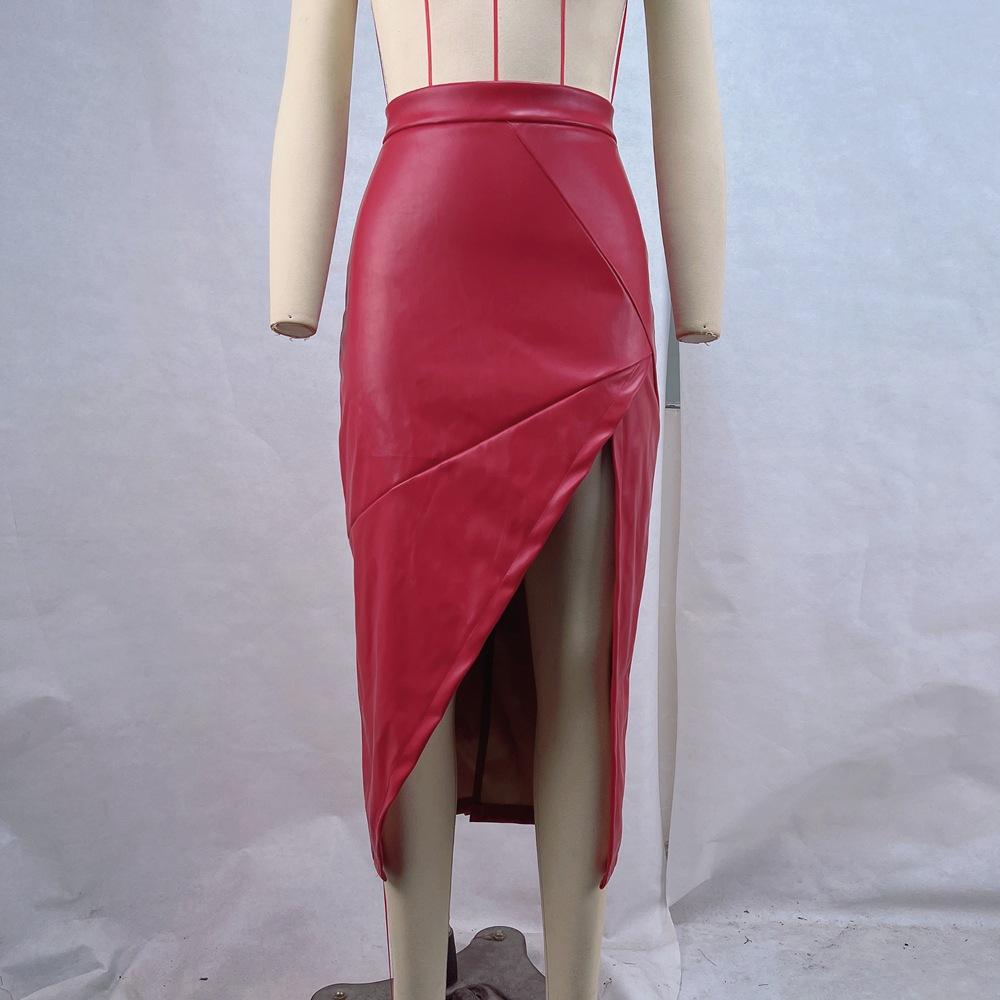 Damen Winter Neu Hochtaillierter Schlanker Schlitzrock Irregulärer Lederrock XL rot von Joom DACH