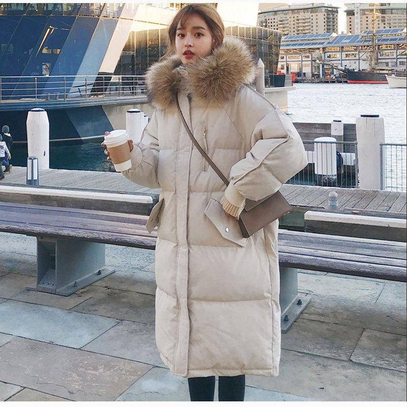 Damen Winter Pelzkragen Langer Daunenmantel Gepolsterter Mantel Wasserdichte Windjacke Parkas Für Frauen Outdoor Koreanische Kleidung XL khaki von Joom DACH