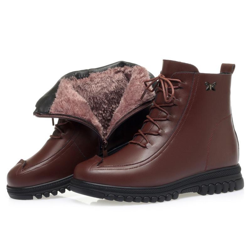 Damen Winter Plüsch Warm Einfarbig Schnee Kurze Stiefel Rutschfest Dicke Sohle Komfort Mode Mutter Weiches Leder Flache Stiefeletten 37 von Joom DACH