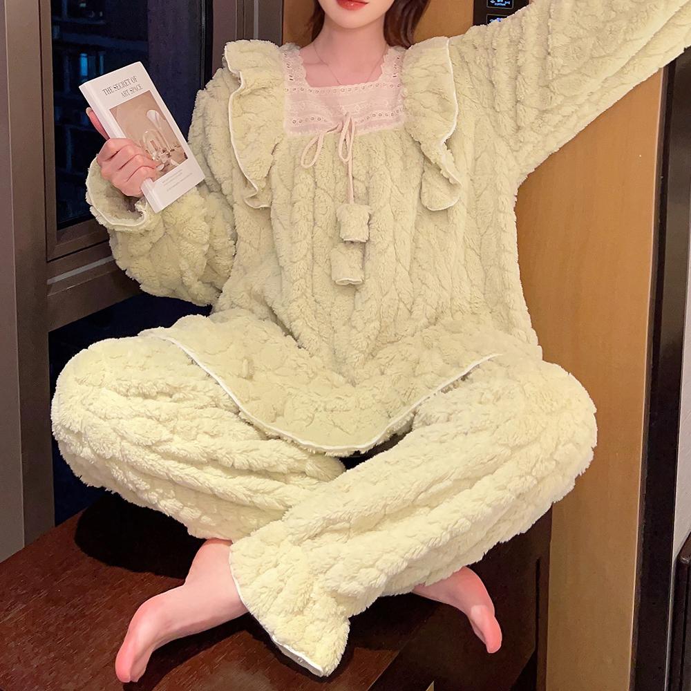 Damen Winter Pyjama Set Warm Dick Korallen Fleece Nachtwäsche Flanell Übergröße Pyjama Nachtwäsche Home Kleidung M-6XL 6XL von Joom DACH