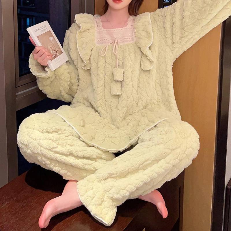 Damen Winter Pyjama Set Warm Dick Korallen Fleece Nachtwäsche Flanell Übergröße Pyjama Nachtwäsche Home Kleidung M-6XL 6XL von Joom DACH