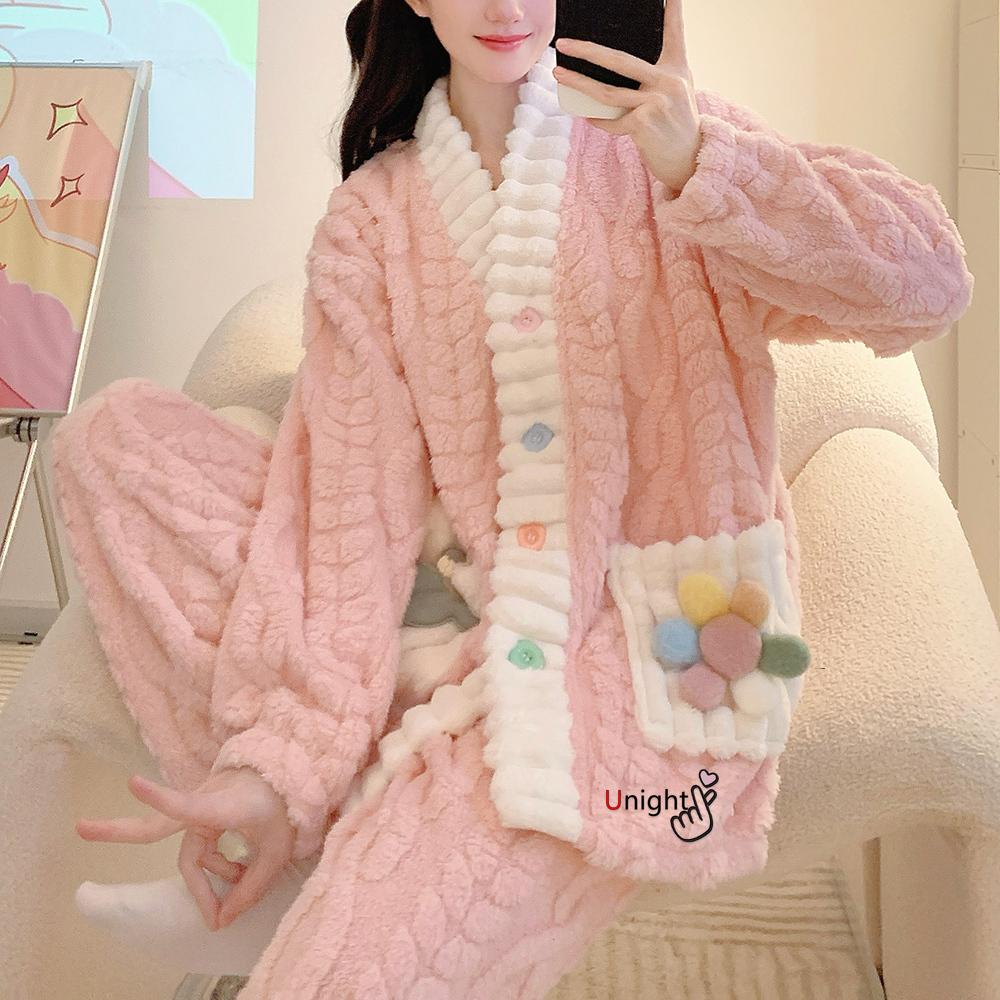 Damen Winter Pyjama Set Warme Winter Korallen Fleece Nachtwäsche Flanell Plus Size Pyjama Nachtwäsche Home Kleidung 5XL von Joom DACH