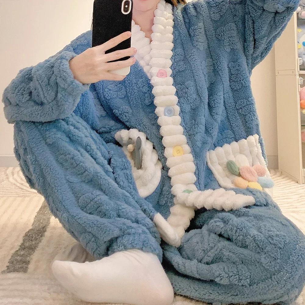 Damen Winter Pyjama Set Warme Winter Korallen Fleece Nachtwäsche Flanell Plus Size Pyjama Nachtwäsche Home Kleidung 5XL von Joom DACH