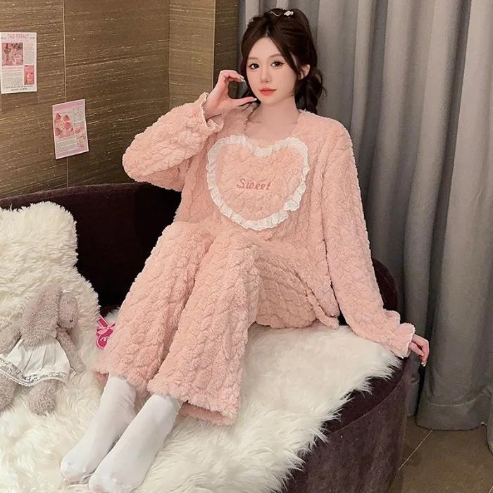 Damen Winter Pyjama Set aus Korallenfleece mit langen Ärmeln und Hose, Pyjama-Set aus weicher Flanell-Homewear-Jacke 3XL von Joom DACH