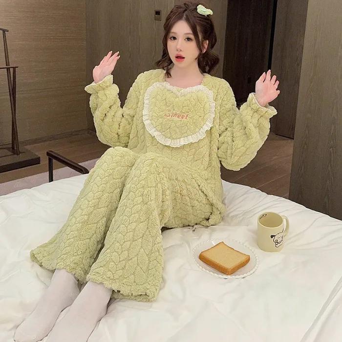 Damen Winter Pyjama Set aus Korallenfleece mit langen Ärmeln und Hose, Pyjama-Set aus weicher Flanell-Homewear-Jacke 5XL von Joom DACH