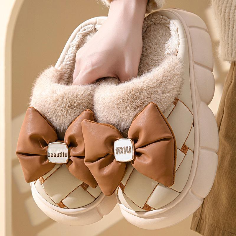 Damen Winter Schleife High Heel Baumwollpantoffeln - Dicke Sohle, Plus Samt, Warme Freizeitkleidung 36-37 beige von Joom DACH