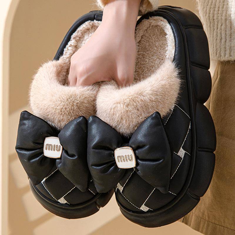 Damen Winter Schleife High Heel Baumwollpantoffeln - Dicke Sohle, Plus Samt, Warme Freizeitkleidung 40-41 schwarz von Joom DACH