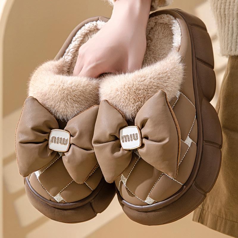 Damen Winter Schleife High Heel Baumwollpantoffeln - Dicke Sohle, Plus Samt, Warme Freizeitkleidung 40-41 khaki von Joom DACH