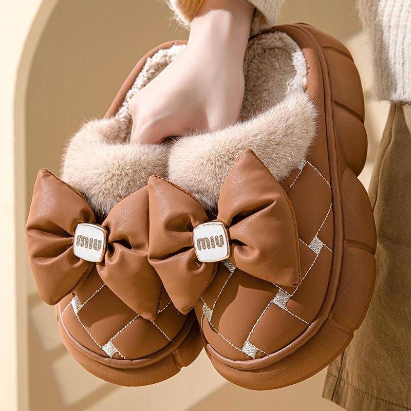 Damen Winter Schleife High Heel Baumwollpantoffeln - Dicke Sohle, Plus Samt, Warme Freizeitkleidung 40-41 braun von Joom DACH