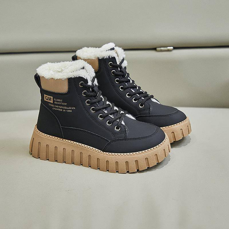 Damen Winter-Schneestiefel mit Fleece-Futter, rutschfeste, dicke Sohle, hohe Schnür-Stiefeletten, Kunstleder, warm, mit Fell gefüttert, lässige kurze Stiefeletten für Damen 39 schwarz von Joom DACH