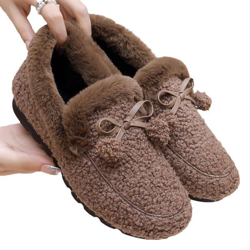 Damen-Winter-Slipper aus Kunstfell, warme, gemütliche Slipper mit Polarfleece-Futter, rutschfeste Hausschuhe für drinnen und draußen, flache Schuhe mit Fliege für Damen 40 braun von Joom DACH