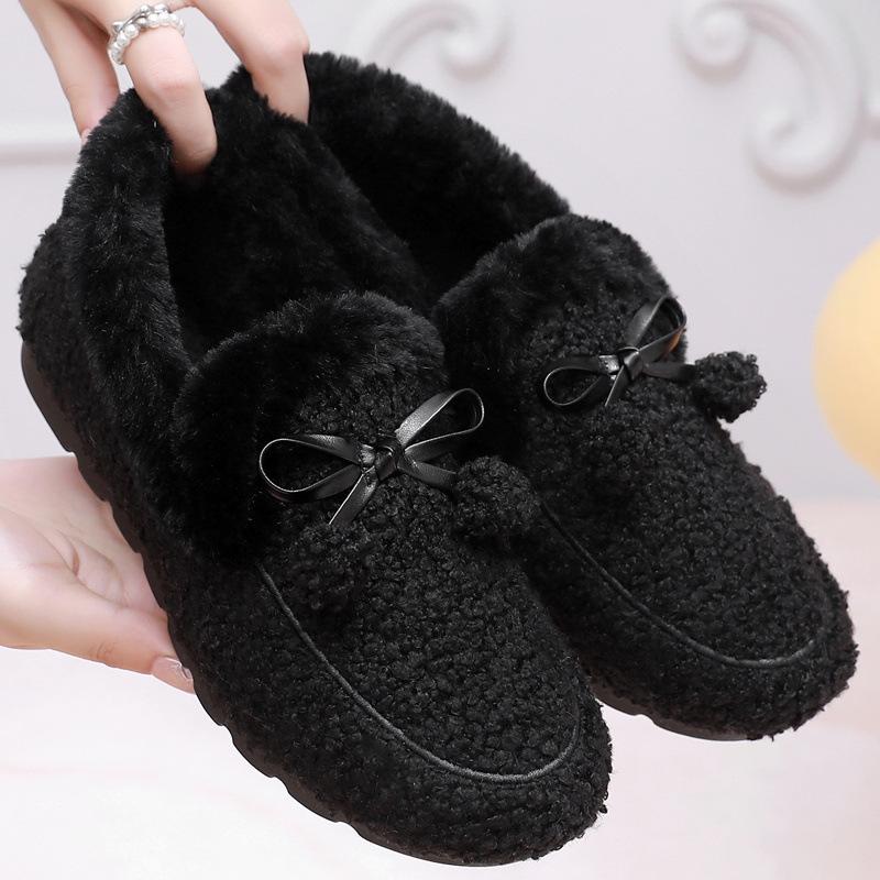 Damen-Winter-Slipper aus Kunstfell, warme, gemütliche Slipper mit Polarfleece-Futter, rutschfeste Hausschuhe für drinnen und draußen, flache Schuhe mit Fliege für Damen 40 schwarz von Joom DACH