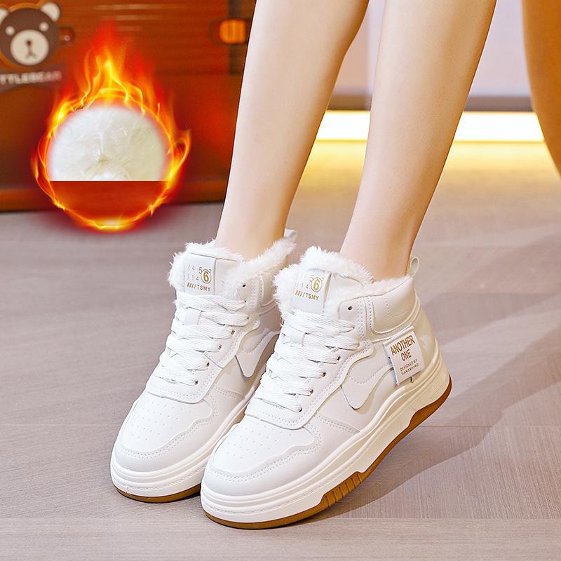 Damen-Winter-Sneaker mit Kunstpelzfutter, rutschfeste Outdoor-Sportschuhe mit dicker Sohle, warme, mit Plüsch gefütterte Laufschuhe, Kunstleder-Sportschuhe für Damen 36 beige von Joom DACH