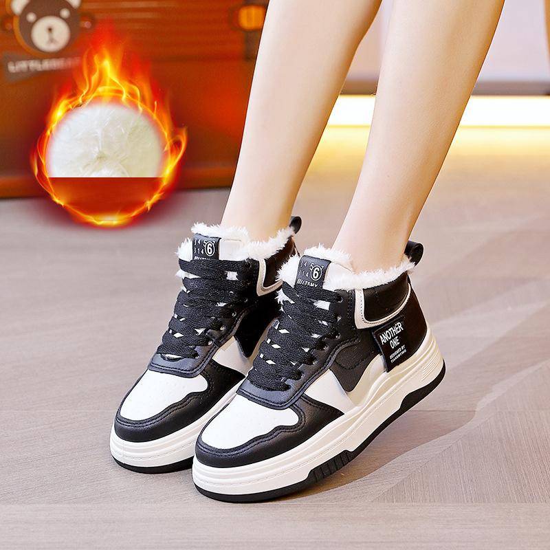 Damen-Winter-Sneaker mit Kunstpelzfutter, rutschfeste Outdoor-Sportschuhe mit dicker Sohle, warme, mit Plüsch gefütterte Laufschuhe, Kunstleder-Sportschuhe für Damen 39 schwarz von Joom DACH