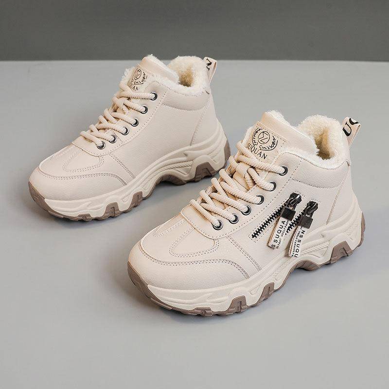 Damen Winter-Sneaker mit dicker Plateausohle, rutschfest, Kunstfellfutter, kurze Stiefeletten, Laufschuhe zum Schnüren, warme Schneestiefel mit Fleecefutter 41 khaki von Joom DACH