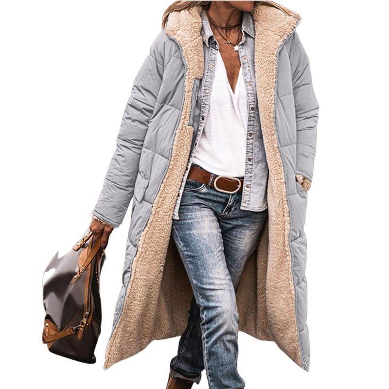 Damen Winter Übergroße Lammfell Fleece Lange Mäntel Jacken Kapuzen Baumwolljacke - Wendbare verdickte warme Fleece-Oberbekleidung L grau von Joom DACH
