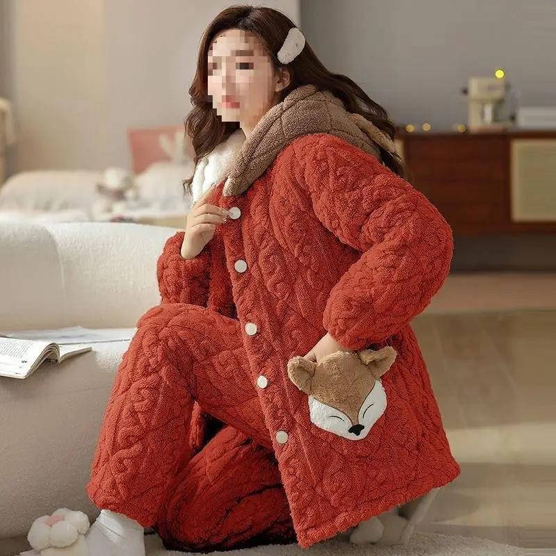 Damen Winter Verdickter Fleece Gefütterter Verdickter Korallensamt Pyjama Flanell Hausanzug Quadratischer Ausschnitt Pyjama Pyjama 2XL von Joom DACH