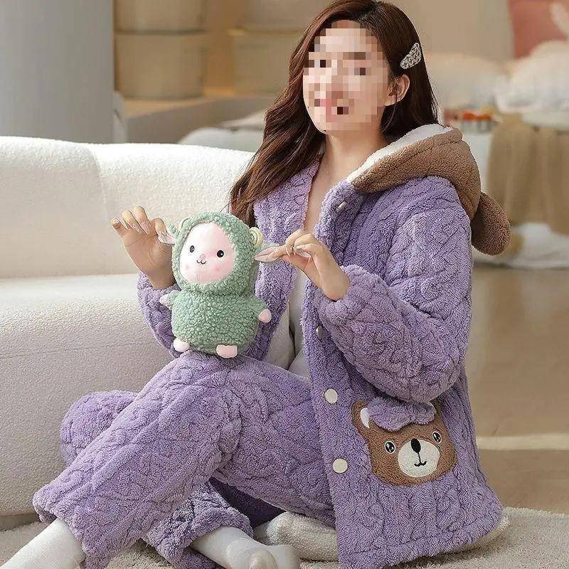 Damen Winter Verdickter Fleece Gefütterter Verdickter Korallensamt Pyjama Flanell Hausanzug Quadratischer Ausschnitt Pyjama Pyjama 2XL von Joom DACH