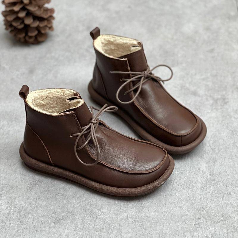 Damen Winter Vintage Echtleder Weiche Sohle Runde Zehen Schnürung Lässig Handgefertigt Vielseitige Kurze Stiefel 40-Plush kaffeebraun von Joom DACH