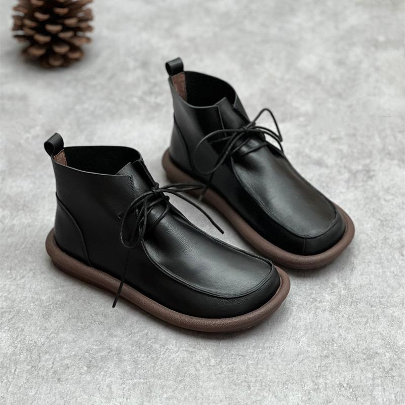Damen Winter Vintage Echtleder Weiche Sohle Runde Zehen Schnürung Lässig Handgefertigt Vielseitige Kurze Stiefel 40 schwarz von Joom DACH