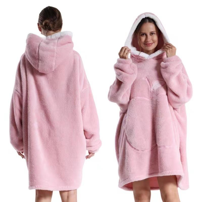 Damen Winter Warm Home Hoodie Übergroße Decke Pyjama Nachthemden Mit Tasche Für Damen Einfarbig Fleece Homewear Weicher Hausmantel Übergröße 90cm One Size von Joom DACH