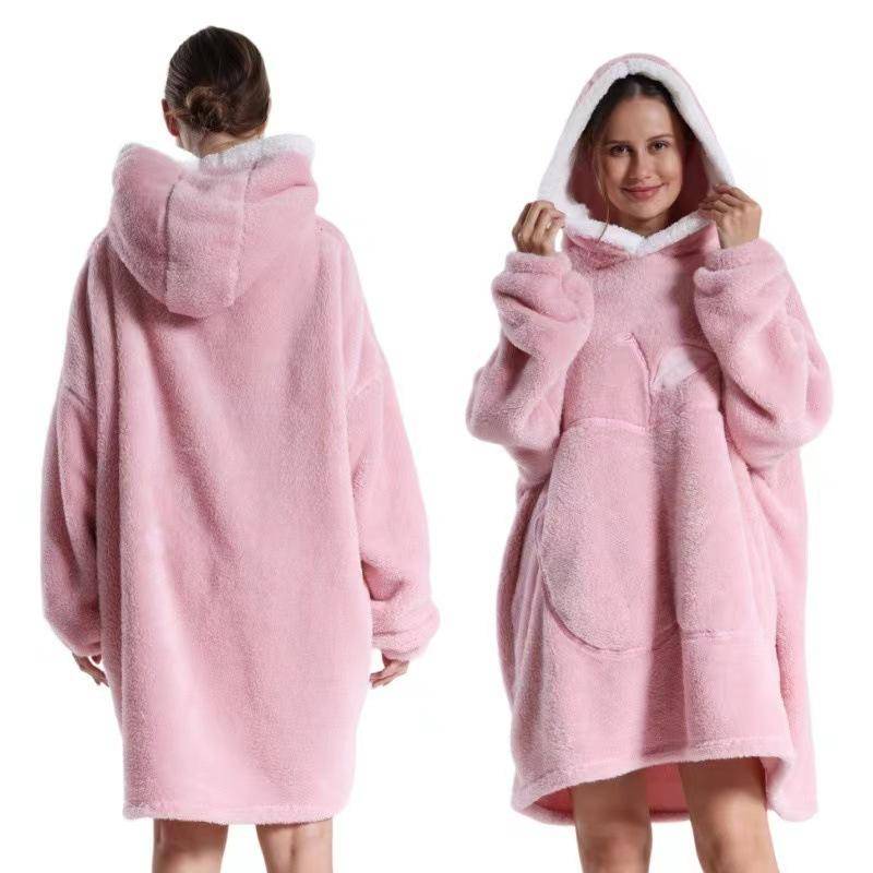 Damen Winter Warm Home Hoodie Übergroße Decke Pyjama Nachthemden Mit Tasche Für Damen Einfarbig Fleece Homewear Weicher Hausmantel Übergröße 90cm One Size von Joom DACH
