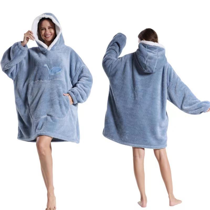 Damen Winter Warm Home Hoodie Übergroße Decke Pyjama Nachthemden Mit Tasche Für Damen Einfarbig Fleece Homewear Weicher Hausmantel Übergröße 90cm One Size von Joom DACH