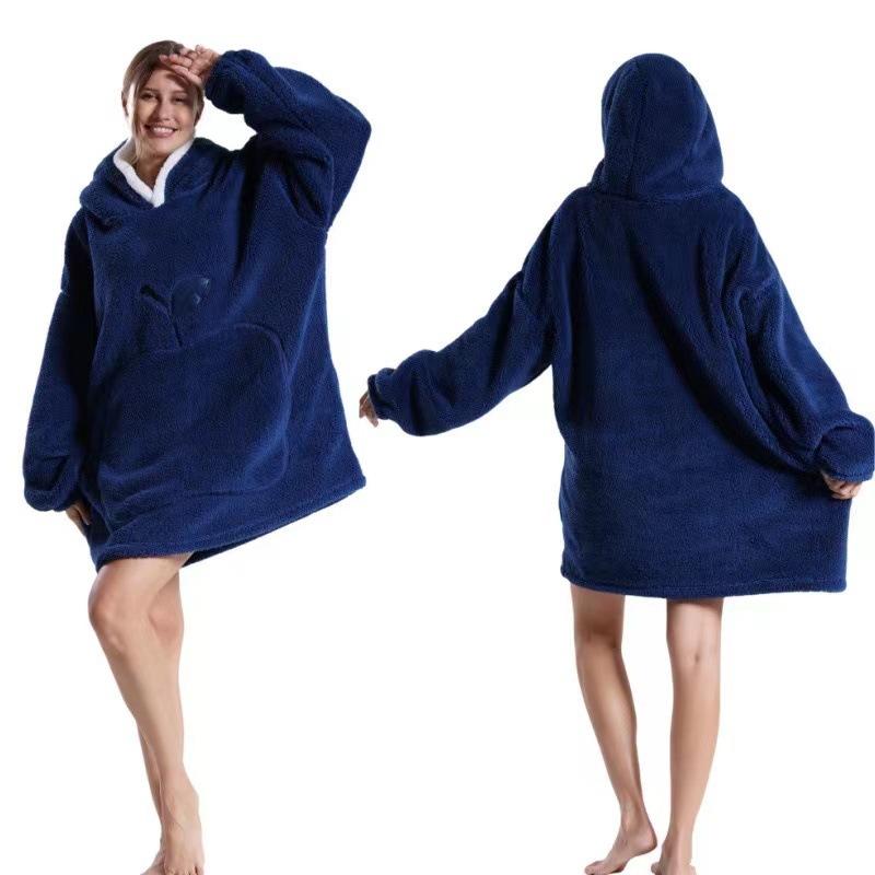 Damen Winter Warm Home Hoodie Übergroße Decke Pyjama Nachthemden Mit Tasche Für Damen Einfarbig Fleece Homewear Weicher Hausmantel Übergröße 90cm One Size von Joom DACH