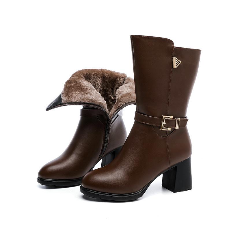 Damen Winter Warm Plus Fleece Dicke Ferse Anti-Rutsch Stiefel Weiches Leder Mittelhoher Schaft Mutter Komfort Baumwolle Mutter Schuhe 36 von Joom DACH