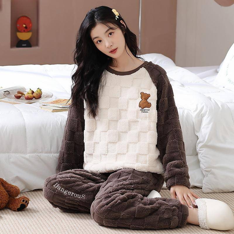 Damen Winter Warm Pyjama Set Übergröße Big Teddy Pyjama Mädchen Lässiger Langarm Flauschiger Pyjama 3XL von Joom DACH