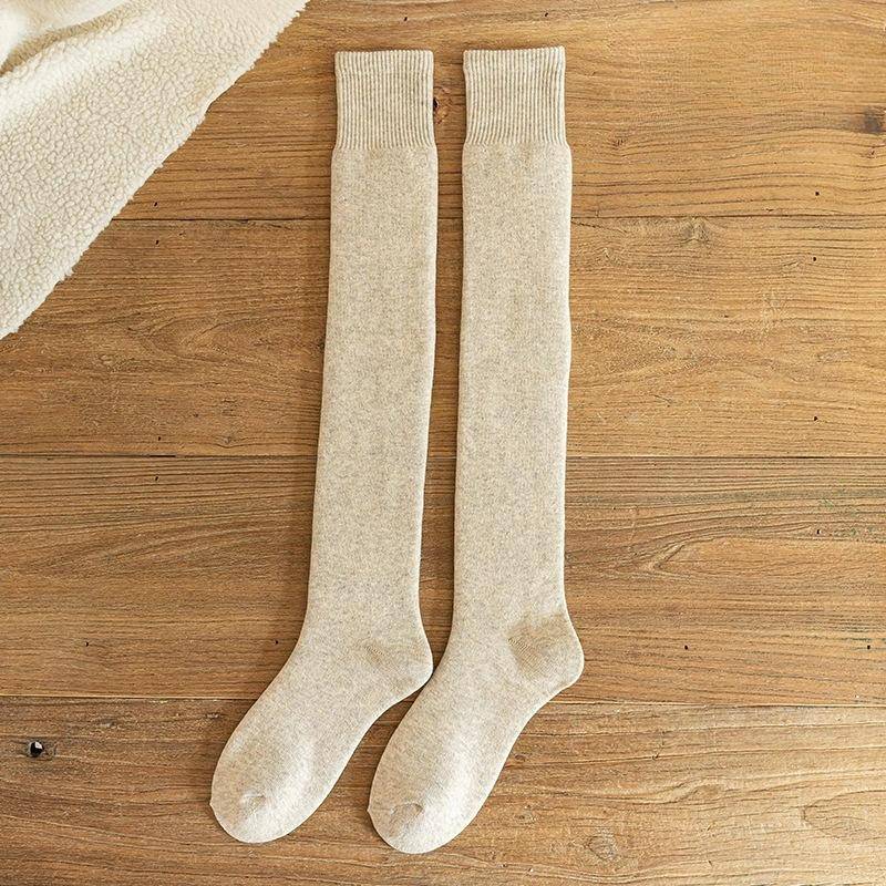 Damen Winter Warme Lange Socken Verdicken Weiche Thermo Kniestrümpfe Feste Flauschige Weibliche Overknee-Socken Mädchen beige von Joom DACH