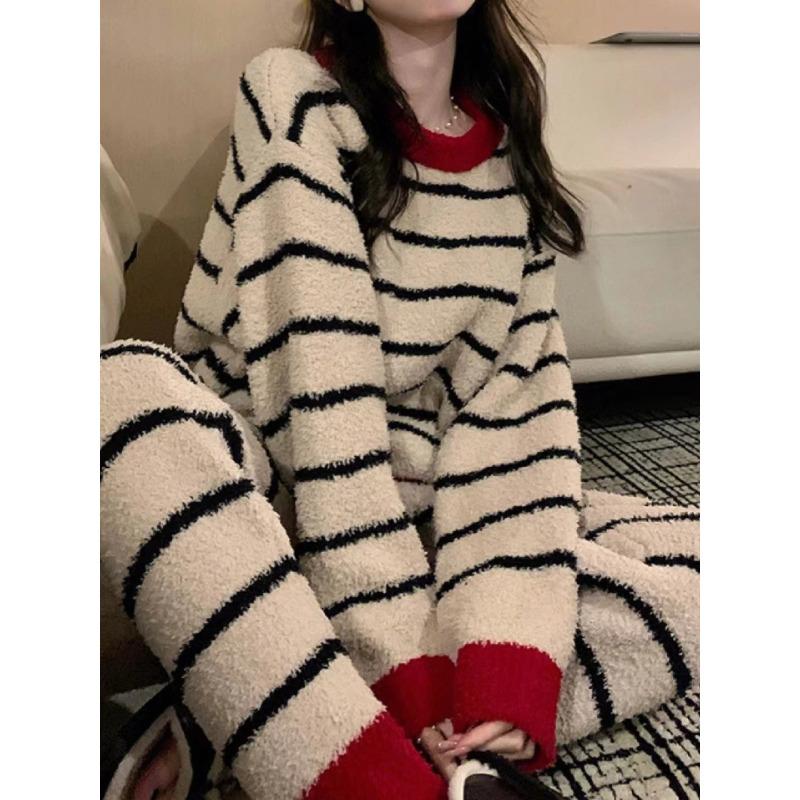 Damen Winter Warme Pyjama Sets Bequeme Langärmelige Bedruckte Farbige Jacquard Verdickte Lockere Fleece Pullover 2-teilige Sets L von Joom DACH