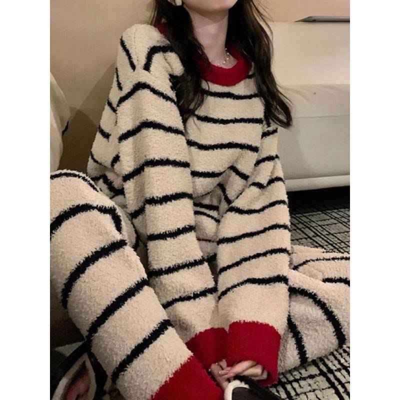 Damen Winter Warme Pyjama Sets Bequeme Langärmelige Bedruckte Farbige Jacquard Verdickte Lockere Fleece Pullover 2-teilige Sets L von Joom DACH