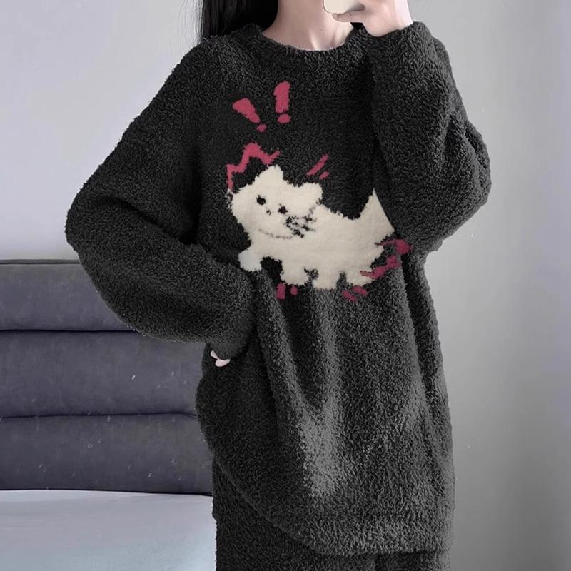 Damen Winter Warme Pyjama Sets Bequeme Langärmelige Bedruckte Farbige Jacquard Verdickte Lockere Fleece Pullover 2-teilige Sets XL von Joom DACH