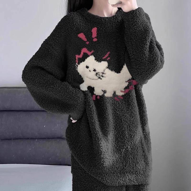 Damen Winter Warme Pyjama Sets Bequeme Langärmelige Bedruckte Farbige Jacquard Verdickte Lockere Fleece Pullover 2-teilige Sets XL von Joom DACH