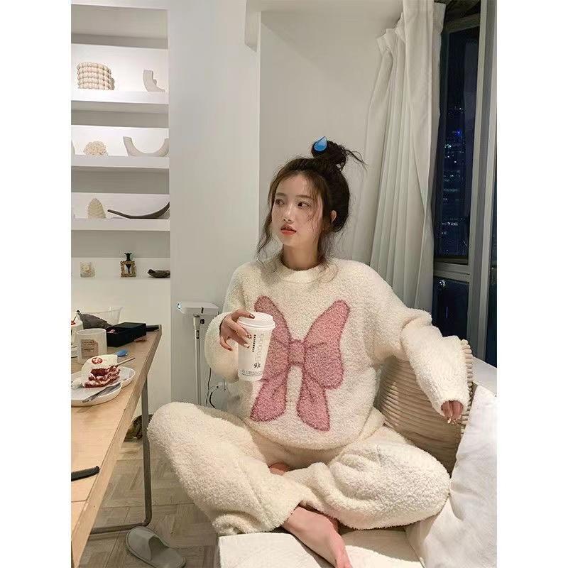 Damen Winter Warme Pyjama Sets Bequeme Langärmelige Bedruckte Farbige Jacquard Verdickte Lockere Fleece Pullover 2-teilige Sets XXL von Joom DACH