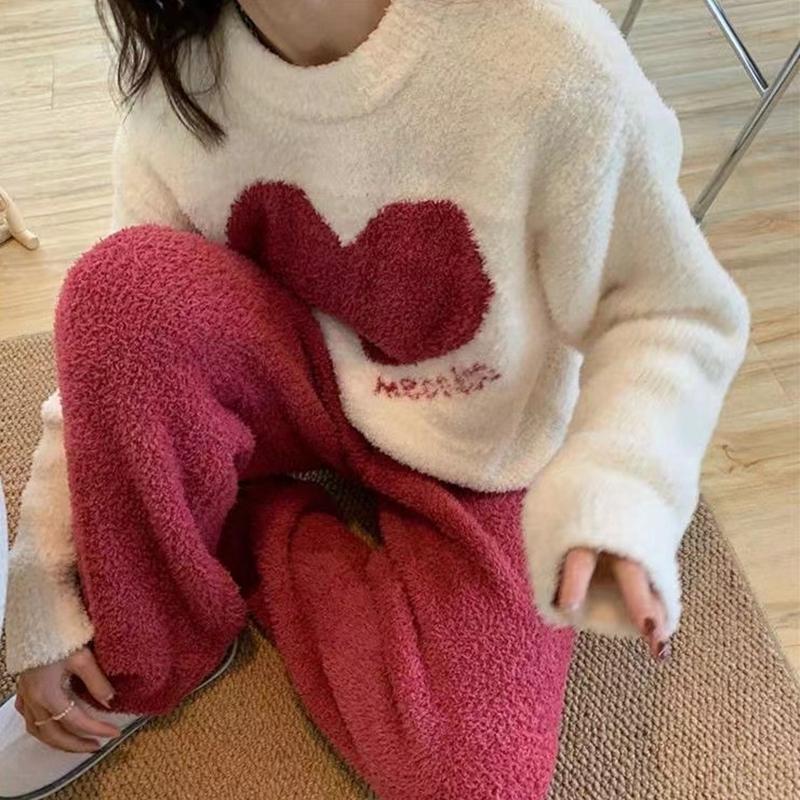 Damen Winter Warme Pyjama Sets Bequeme Langärmelige Bedruckte Farbige Jacquard Verdickte Lockere Fleece Pullover 2-teilige Sets XXL von Joom DACH