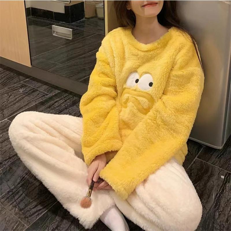 Damen Winter Warme Pyjama Sets Bequeme Langärmelige Bedruckte Farbige Jacquard Verdickte Lockere Fleece Pullover 2-teilige Sets XXL von Joom DACH